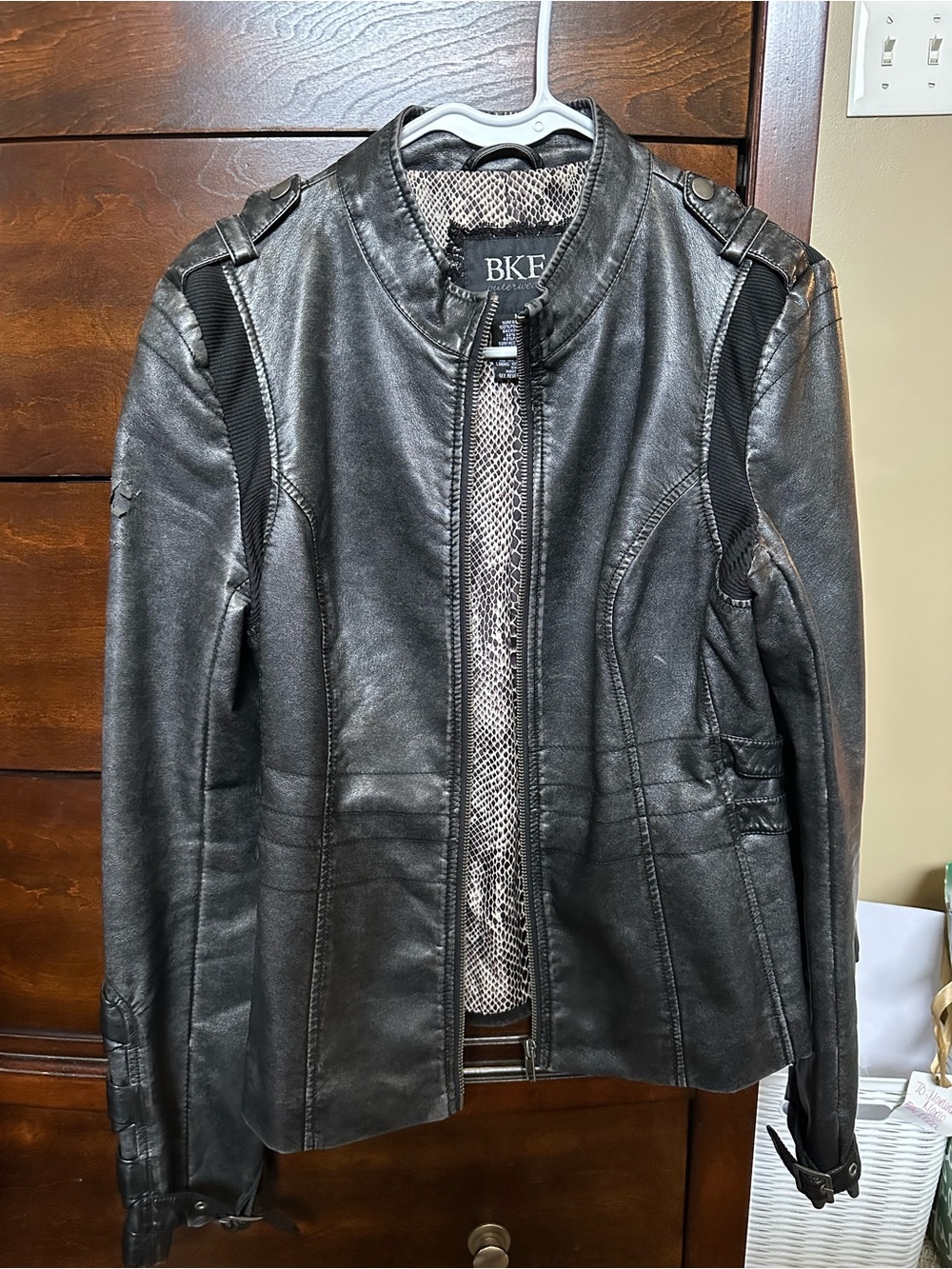 BKE Women's Black Faux Leather Moto Jacket with Epaulets